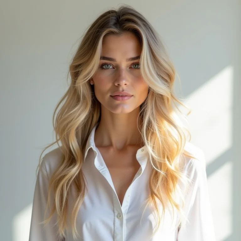 Mulher loira com cabelo ondulado e leve