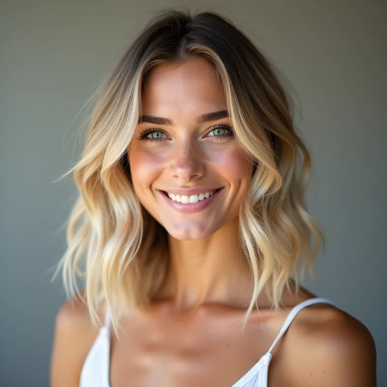 Mulher loira com cabelo ondulado e sorriso confiante