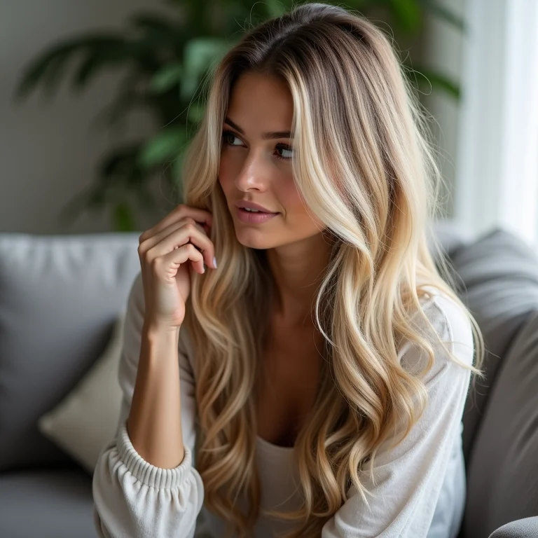 Mulher loira com cabelo ondulado tocando os fios após o tratamento