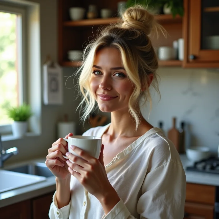 Mulher loira com cabelo preso bebendo café na cozinha.