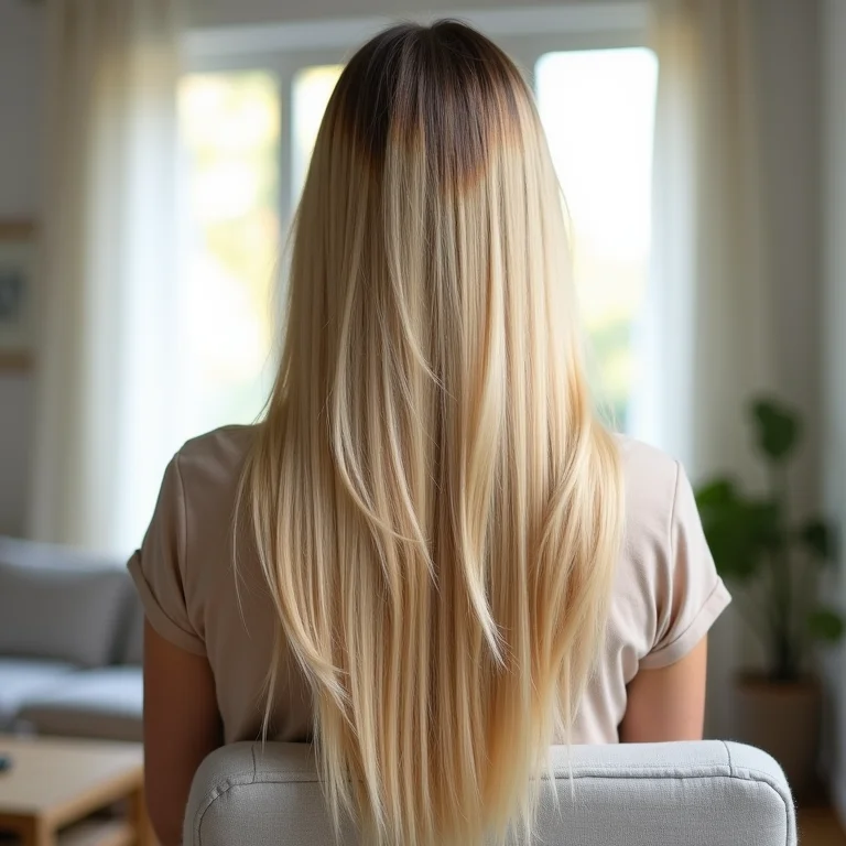 Mulher loira com cabelo saudável e brilhante em casa.