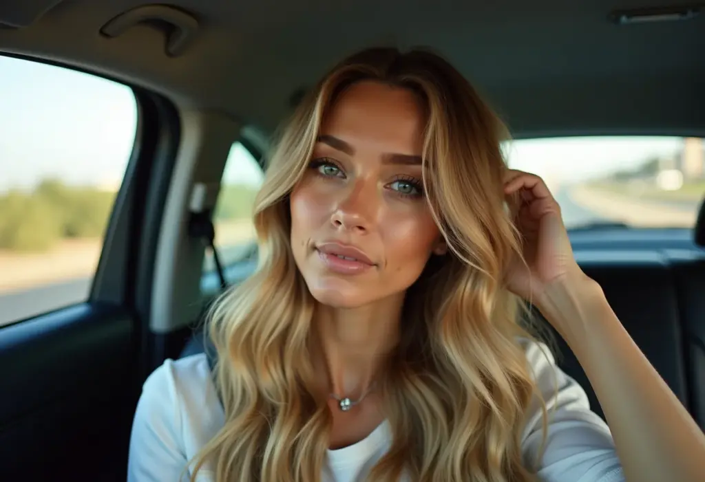 Desvende os segredos da colorimetria e conquiste a cor perfeita para seus cabelos Mulher loira conferindo a cor do cabelo no espelho retrovisor do carro