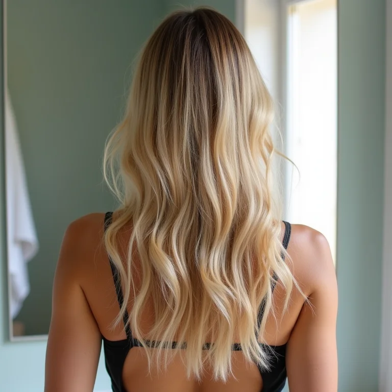 Mulher loira de costas conferindo a cor do cabelo no espelho do banheiro