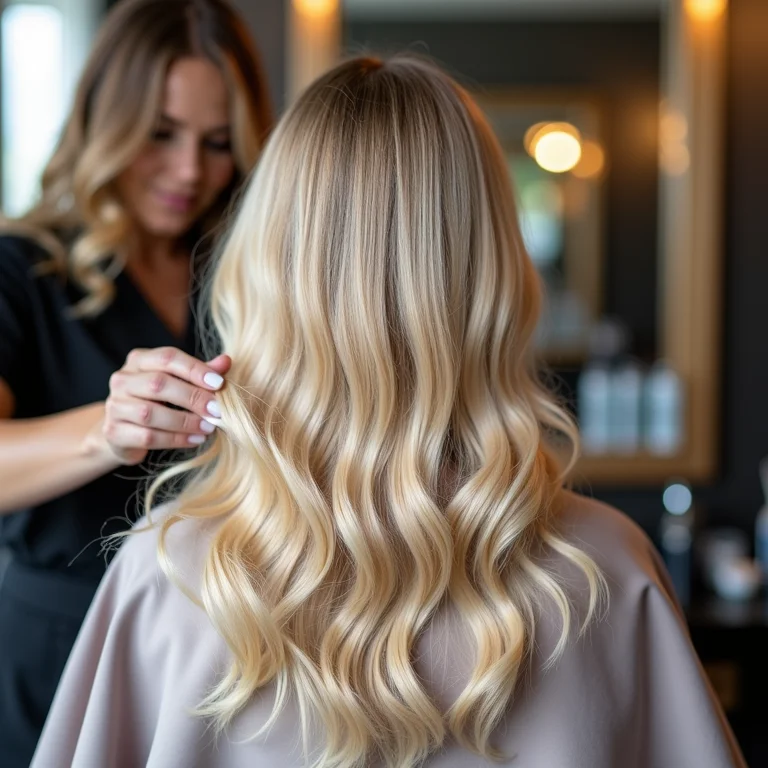 Mulher loira recebendo matização no salão
