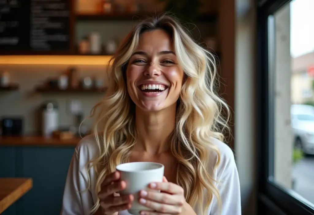 Mulher loira rindo em cafeteria