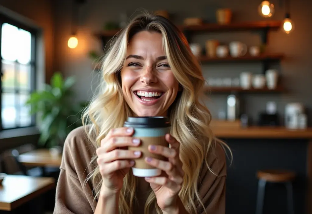 Mulher loira rindo em cafeteria charmosa.