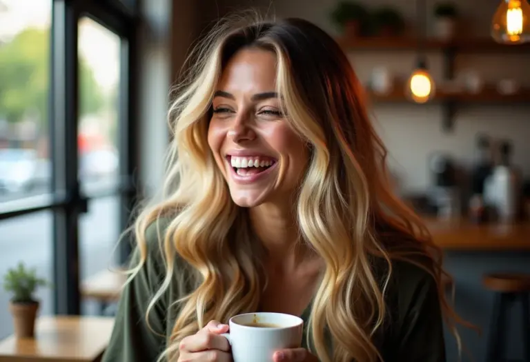Mulher loira rindo em cafeteria charmosa