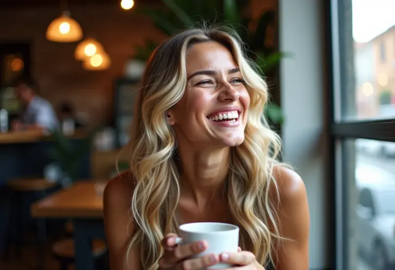 Mulher loira rindo em cafeteria charmosa
