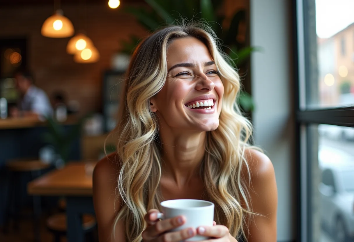Mulher loira rindo em cafeteria charmosa