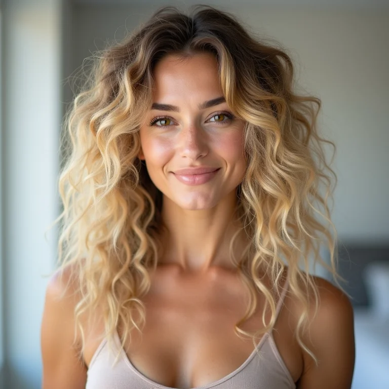 Mulher loira sorrindo com cabelo cacheado e luz natural