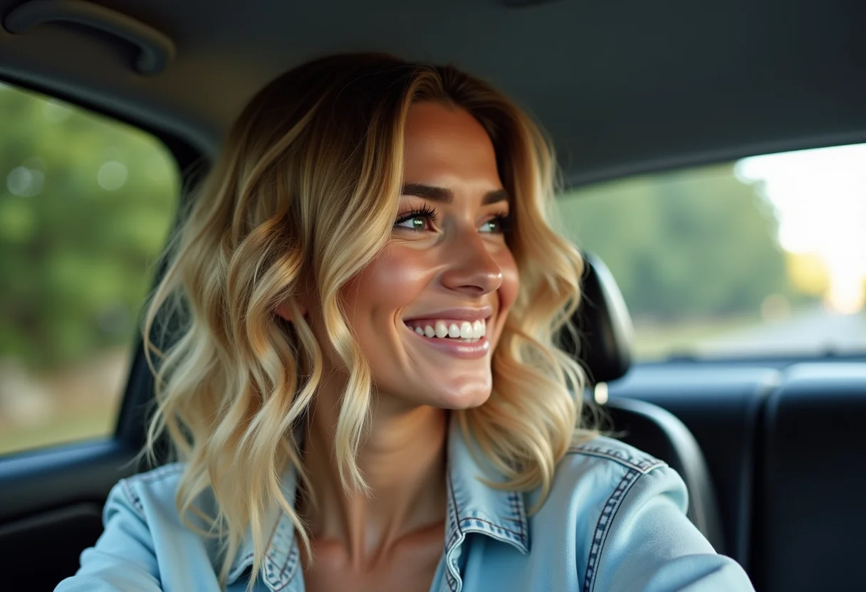 Mulher loira sorrindo e olhando o cabelo no espelho do carro após o treino