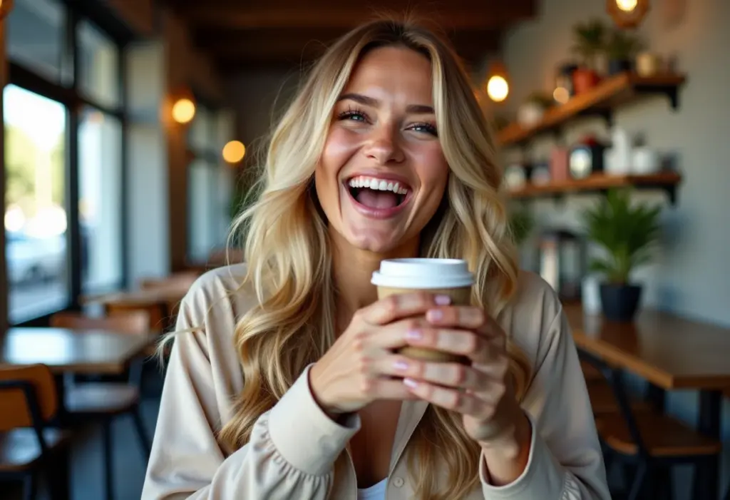 Mulher loira sorrindo em cafeteria