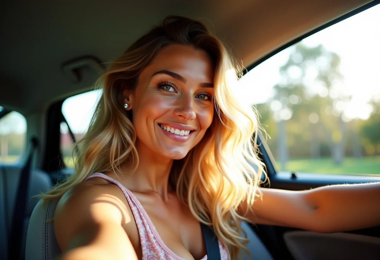 Mulher loira sorrindo no carro ajustando o cabelo