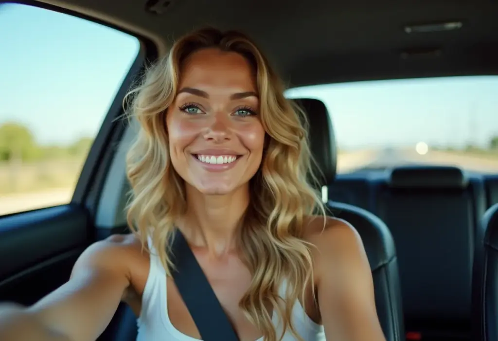 Mulher loira sorrindo no carro após hidratação capilar caseira