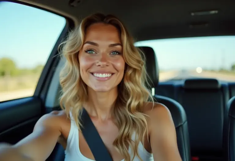 Mulher loira sorrindo no carro após hidratação capilar caseira