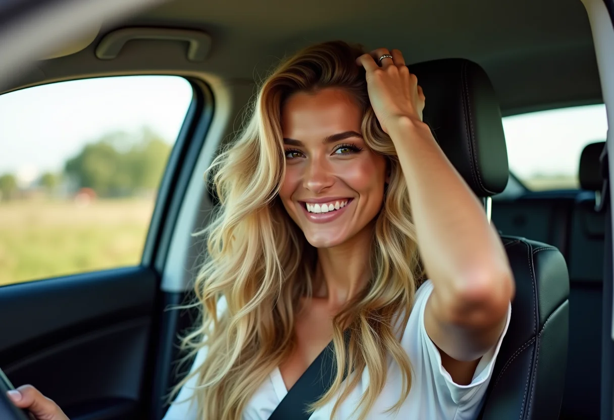 Mulher loira sorrindo no carro após usar ampolas capilares