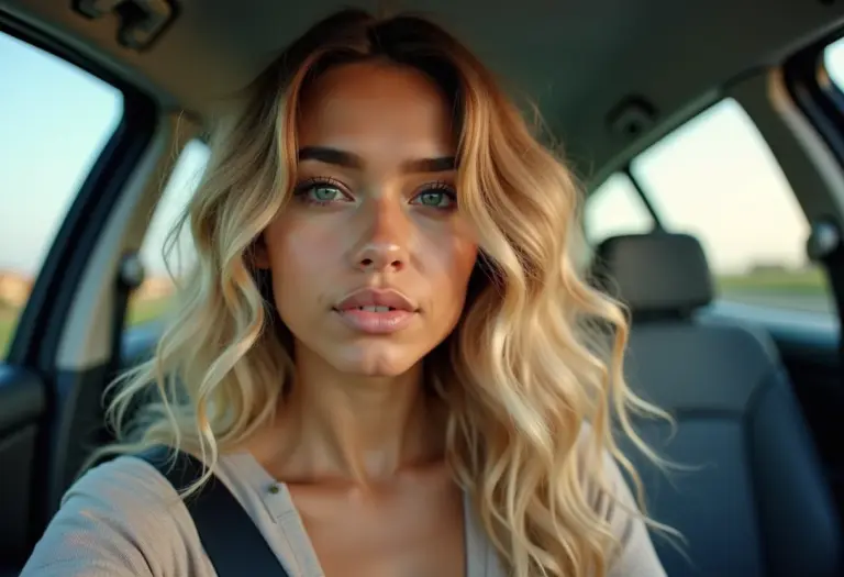 Mulher loira sorrindo no carro após usar secador