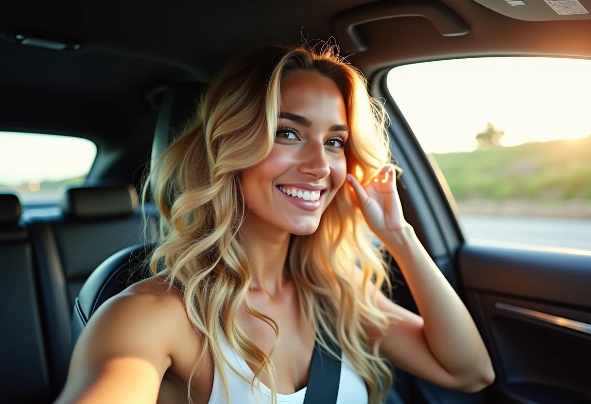 Mulher loira sorrindo no carro, conferindo o brilho do cabelo no espelho retrovisor.