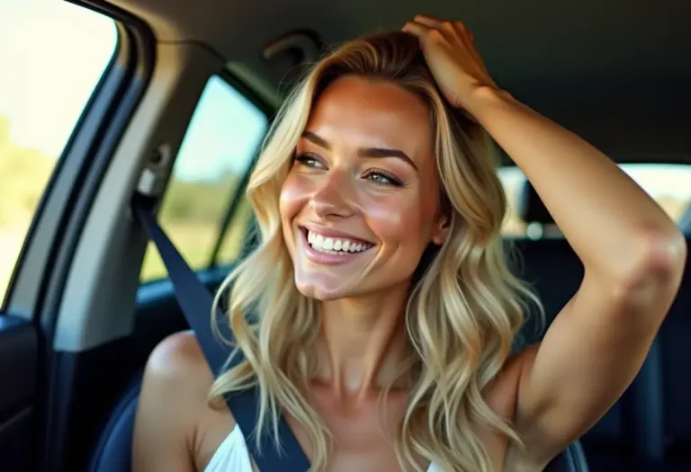 Mulher loira sorrindo no carro, conferindo o cabelo no espelho retrovisor.