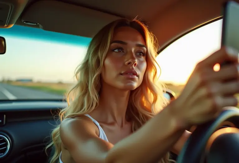 Mulher loira sorrindo no carro, conferindo o cabelo no espelho retrovisor