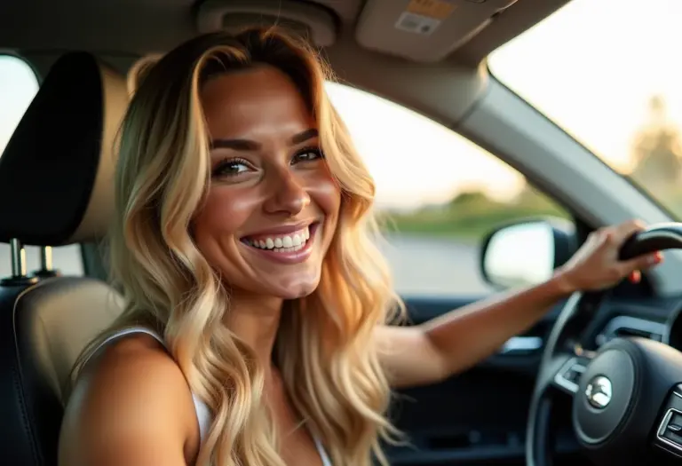 Mulher loira sorrindo no carro verificando a cor do cabelo