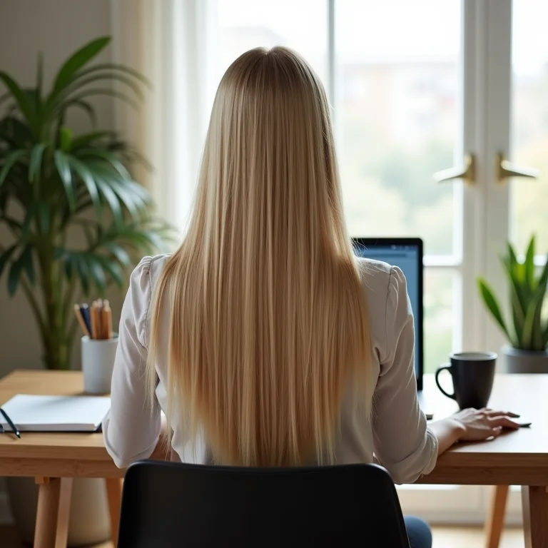 Mulher loira trabalhando em casa com o cabelo matizado e bem cuidado.