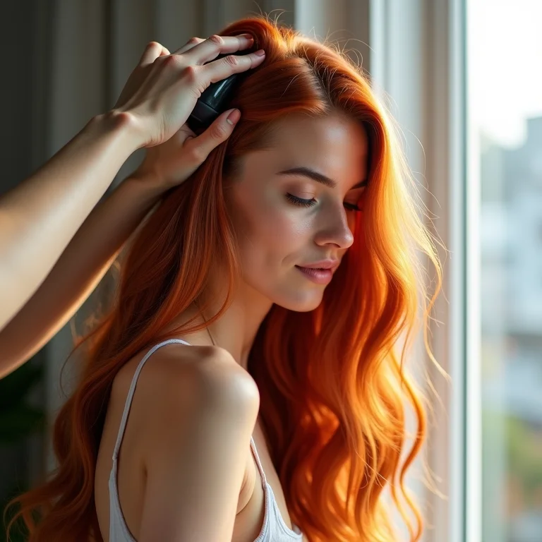 Mulher massageando o couro cabeludo.