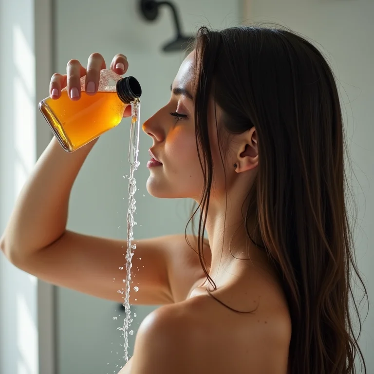 Mulher morena aplicando vinagre de maçã nos cabelos no chuveiro.