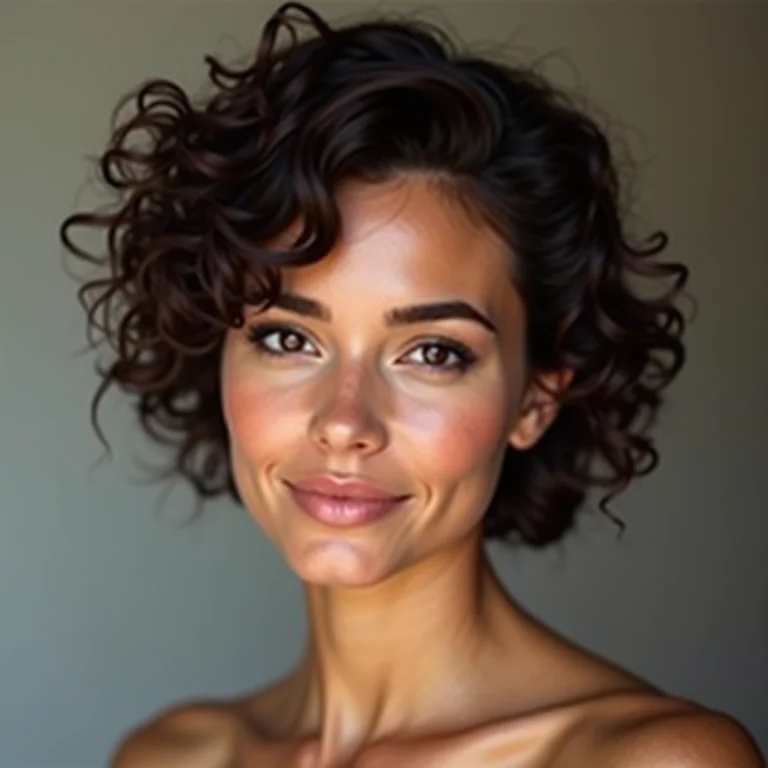 Mulher morena com cabelo curto e encaracolado