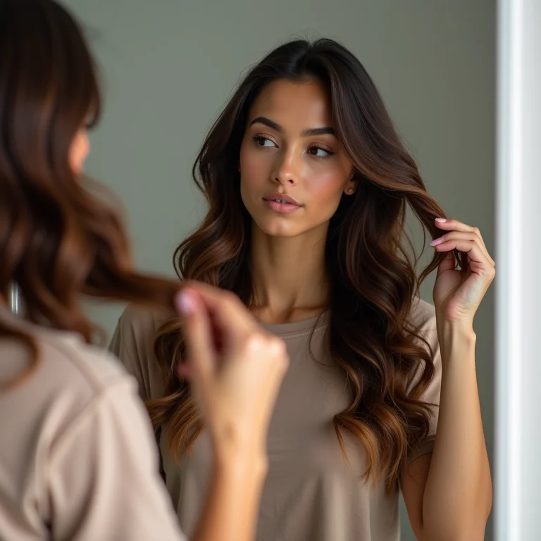Mulher morena fazendo teste de mecha em casa