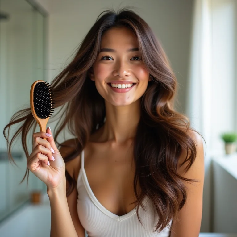 Mulher morena jogando o cabelo com uma escova na mão.