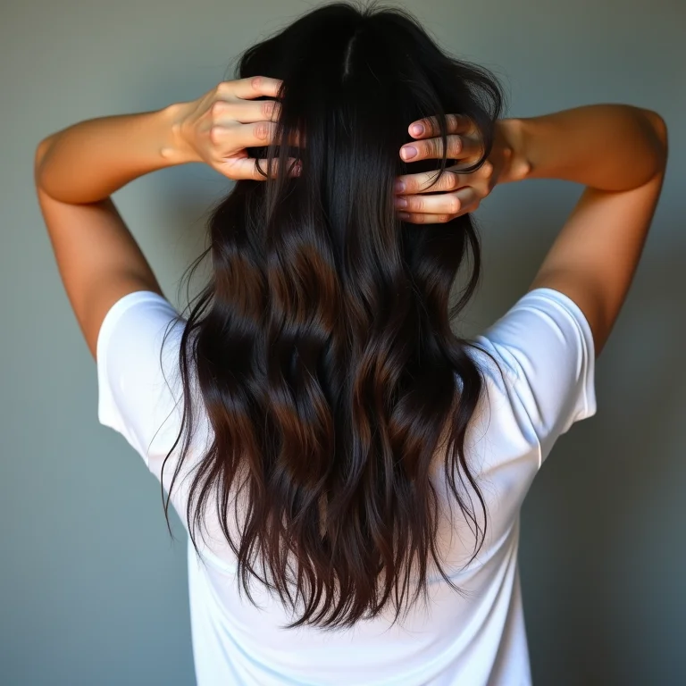 Mulher morena passando a mão no cabelo com frizz natural