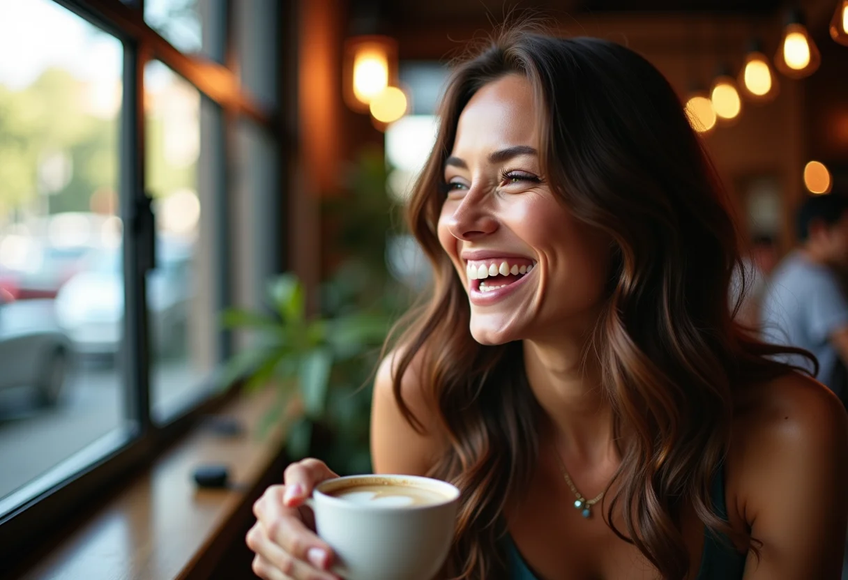 Mulher morena sorrindo em cafeteria com mechas lowlights