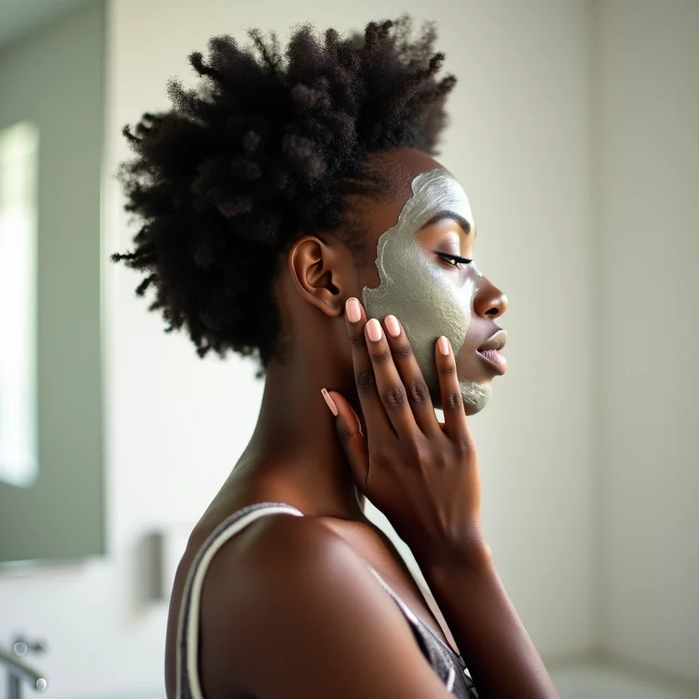 Mulher negra aplicando máscara capilar no cabelo crespo 4C.