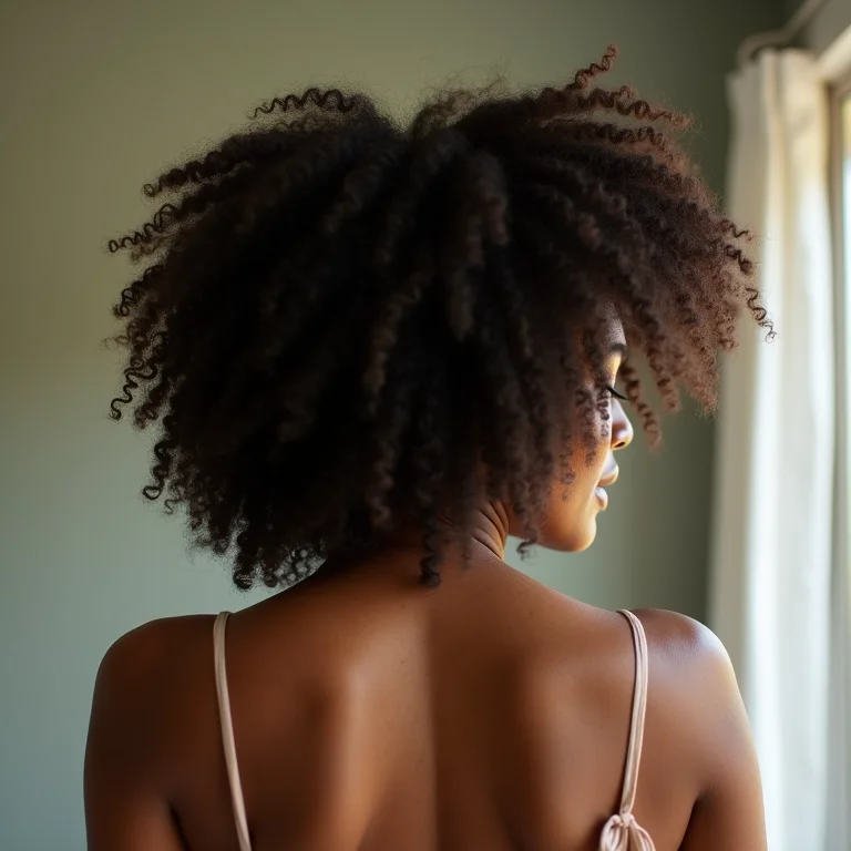 Mulher negra aplicando máscara capilar no cabelo crespo tipo 4C no banheiro