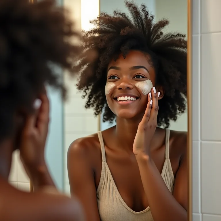 Mulher negra aplicando máscara de café no cabelo em casa.