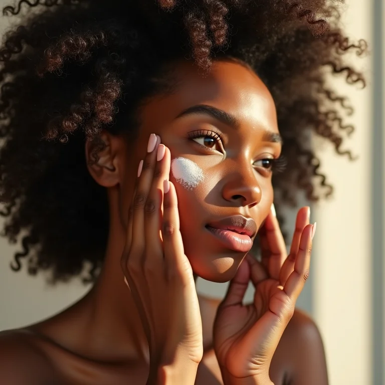Mulher negra aplicando protetor solar com cor no rosto.