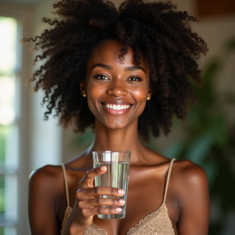 Mulher negra bebendo água para o cabelo