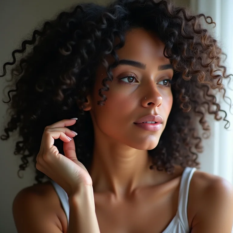 Mulher negra cacheada exibindo a textura do cabelo