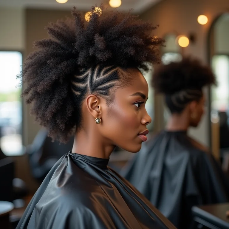 Mulher negra com cabelo afro sendo cortado no salão