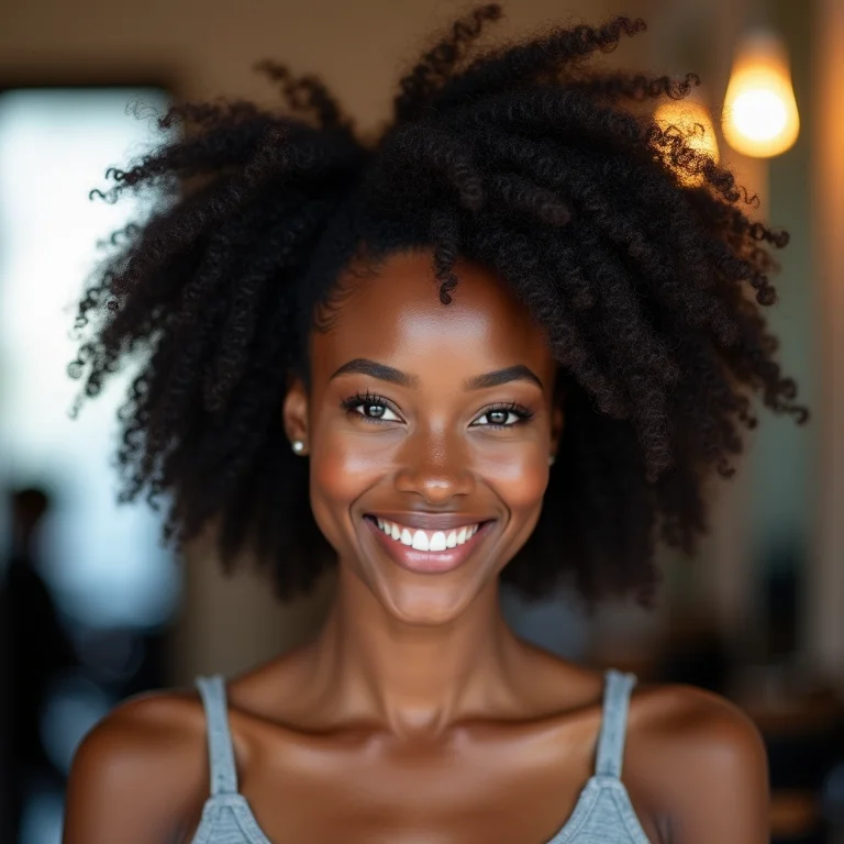 Mulher negra com cabelo afro volumoso e saudável