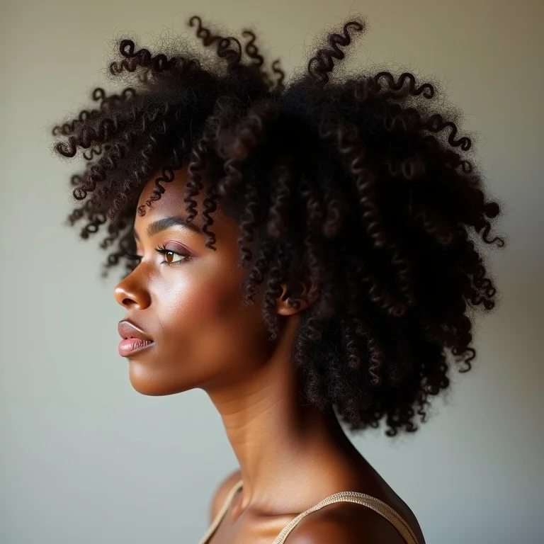 Mulher negra com cabelo cacheado com corte em camadas