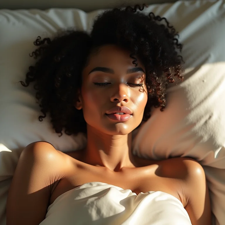 Mulher negra com cabelo cacheado dormindo com touca de cetim