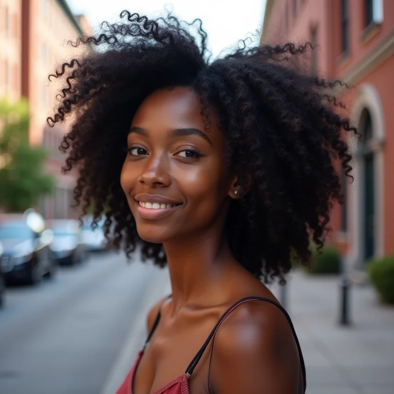 Mulher negra com cabelo cacheado e sorriso suave