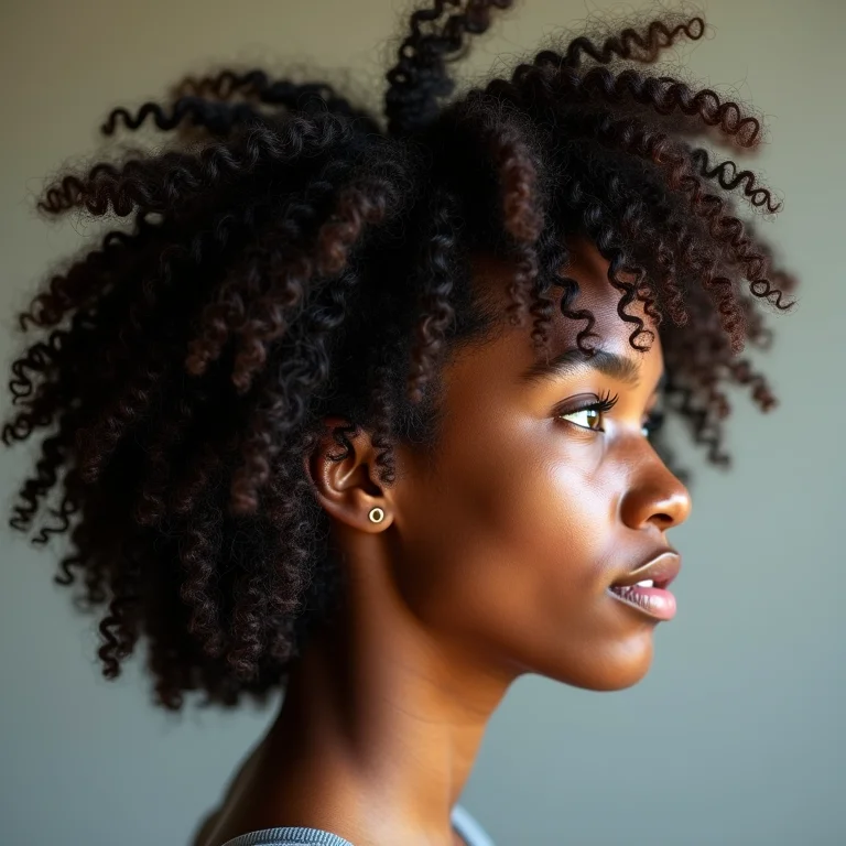 Mulher negra com cabelo crespo (4C) de perfil