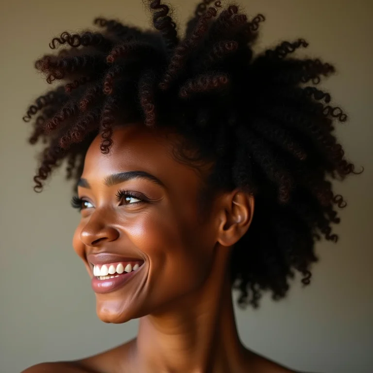 Mulher negra com cabelo crespo 4C saudável após detox