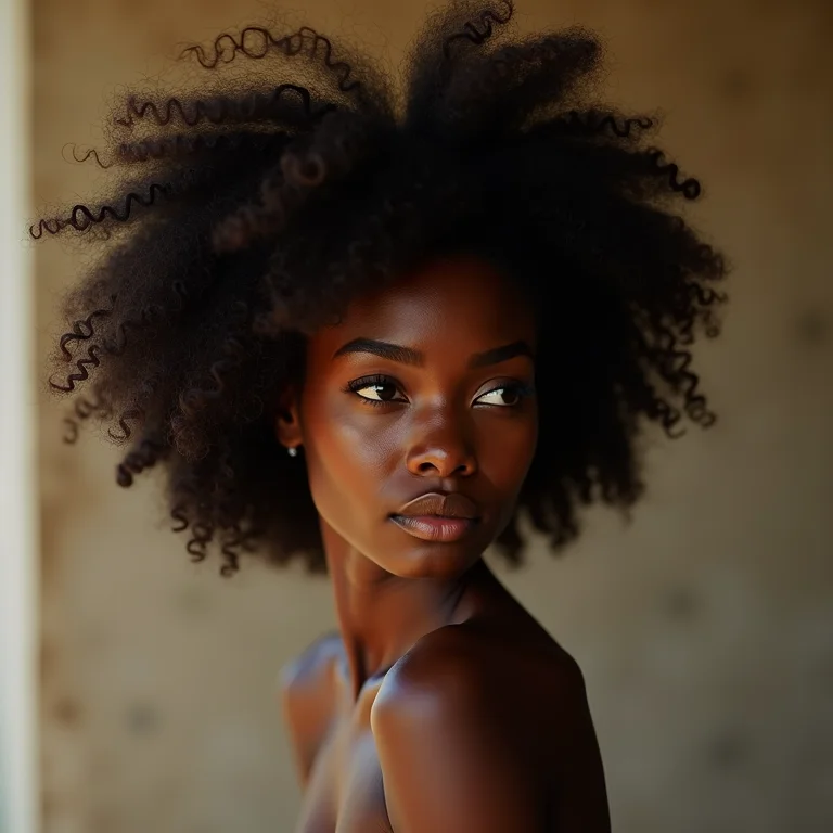 Mulher negra com cabelo crespo ao vento