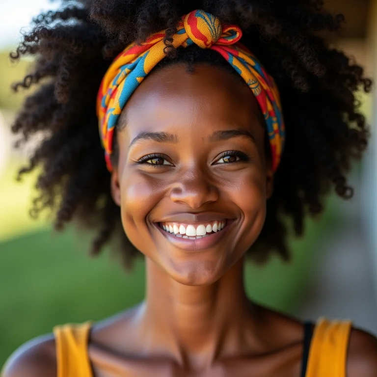 Mulher negra com cabelo crespo e turbante sorrindo para a câmera