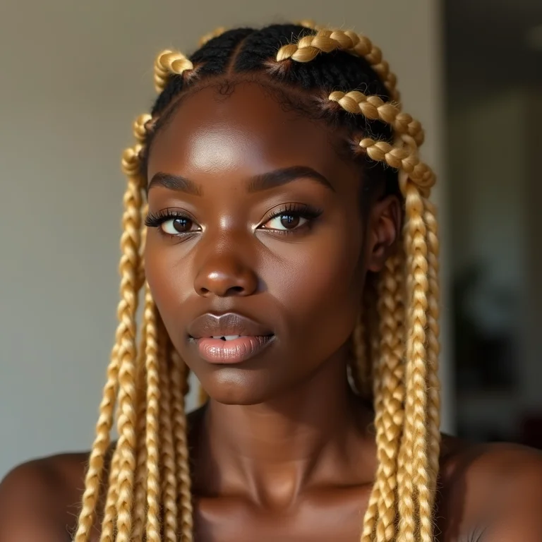 Mulher negra com cabelo crespo loiro (tipo 4C) em tranças.