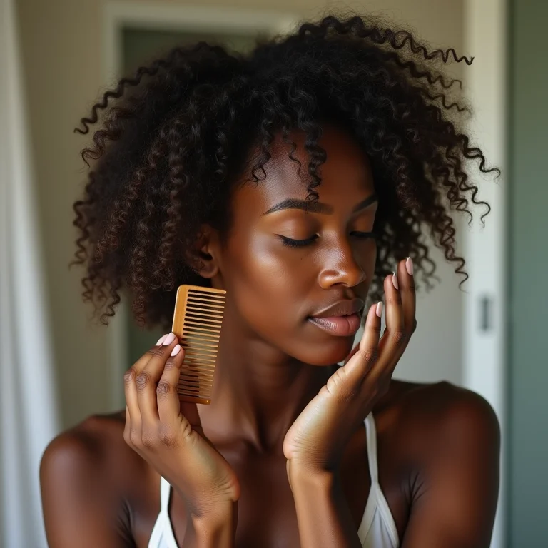 Mulher negra com cabelo crespo ruivo doce de leite desembaraçando os fios